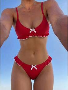SHEIN Swim 女士夏季沙滩蝴蝶结装饰性感比基尼泳装套装 - 紅色 - 查看 1