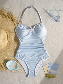 SHEIN Traje de baño de una pieza con textura de punto azul cielo con decoración de estrellas, diseño de cuello halter, adecuado para vacaciones de playa de primavera/verano para niñas preadolescentes - Celeste - Ver 6