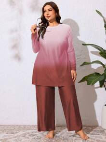 SHEIN Swim 两件套加大码渐变印花长袖圆领宽松端庄中东女性布基尼泳装套装 - 彩色 - 查看 3