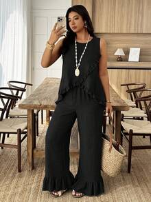 Weeklong Women's Plus Size Round Neck Sleeveless Ruffle Trim Loose Top And Straight Leg Pants 2 Piece Set, Suitable For Vacation And Daily Wear, Spring/Summer - Black - View 6