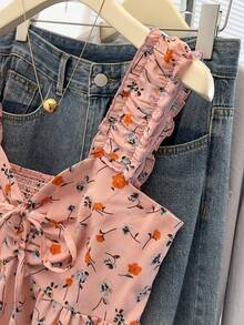 Franclia Áo tank top không tay dáng rộng thắt eo họa tiết hoa nhí ngọt ngào dành cho nữ, áo hai dây họa tiết hoa đỏ mặc hàng ngày, áo hai dây họa tiết hoa nhí đỏ cho mùa lễ hội. - Hồng - Xem 4