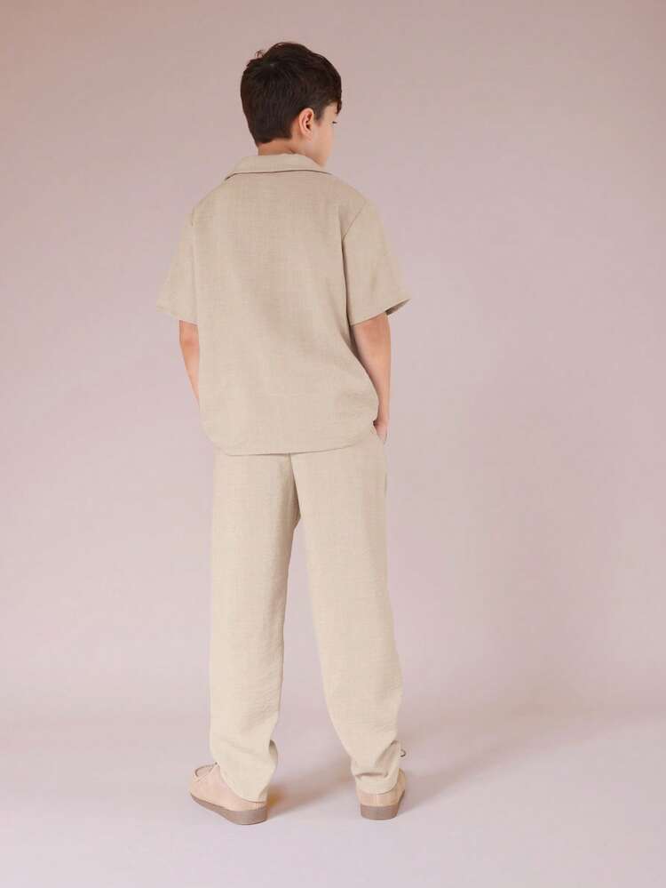 Jungen Leinenoptik Struktur Kurzarm Hemd mit Knöpfen und lässige Hose Zwei-Teiler Koordinierendes Sommer-Set mit Kerbelkragen