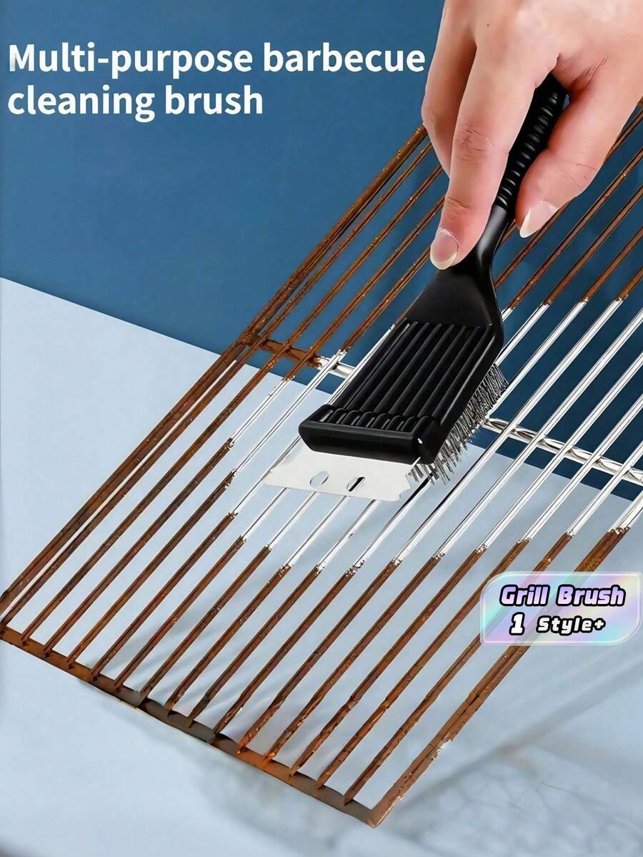 Zazumi 1pc Heavy Duty Stainless Steel Grill Brush With Scraper | Extra-Strong Brass Bristles For BBQ Grill Grates, Oven Racks & Clean Cookware Heat-Resistant Handle For Cleaning Rustproof Barbecue, Smoker & Kitchen Deep Clean Tool - Essential Outdoor Cooking Accessory - Black - View 1