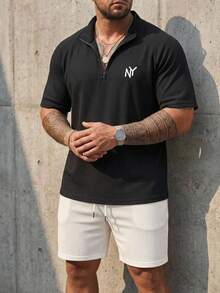 DAZY Plus Size Men's Short Sleeve Letter Embroidered Half-Zip Black T-Shirt Summer - Black - View 5