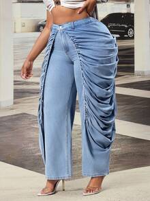 Slaydiva Plus Size Women High Waist Distressed Wide Leg Loose Fit Jeans With Big Pockets - Blue - View 1