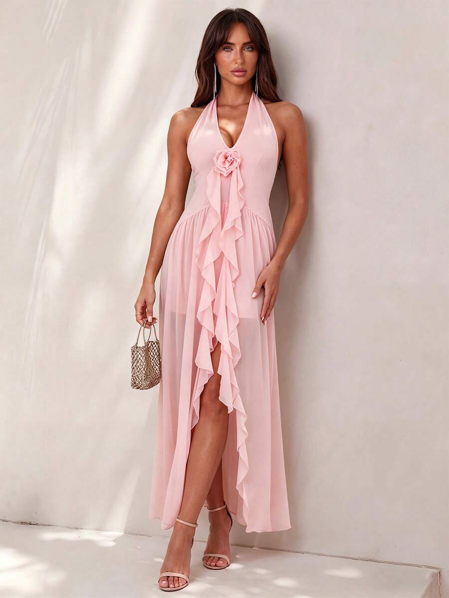 SHEIN Glamour 女士纯色3D立体花卉装饰优雅吊带连衣裙 - 淺粉色 - 查看 1
