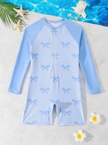 SHEIN 少女夏季度假沙滩拼接条纹蝴蝶结印花插肩袖连体泳衣 - 藍色 - 查看 1