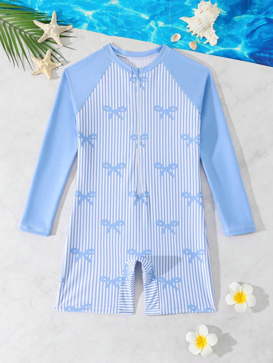 SHEIN 少女夏季度假沙滩拼接条纹蝴蝶结印花插肩袖连体泳衣 - 藍色 - 查看 1