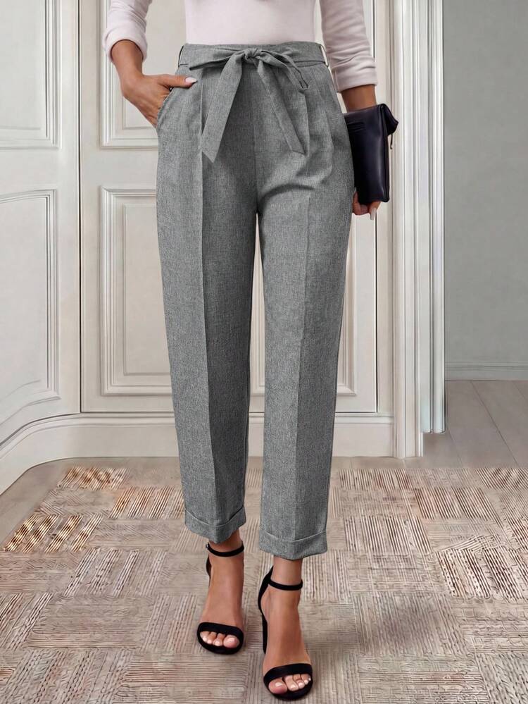Women's Elegant Office Wear Pleated Cone Pants With Pocket & Waist Tie In Fall/Winter
