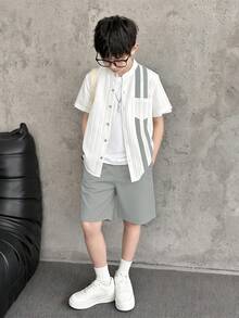 SHEIN Vacaura 3pcs/Set Tween BoysWhite Shirt With Contrast Floral Pattern, White Loose Pants With Contrast Pattern, And Ribbon Decor - Light Grey - View 1