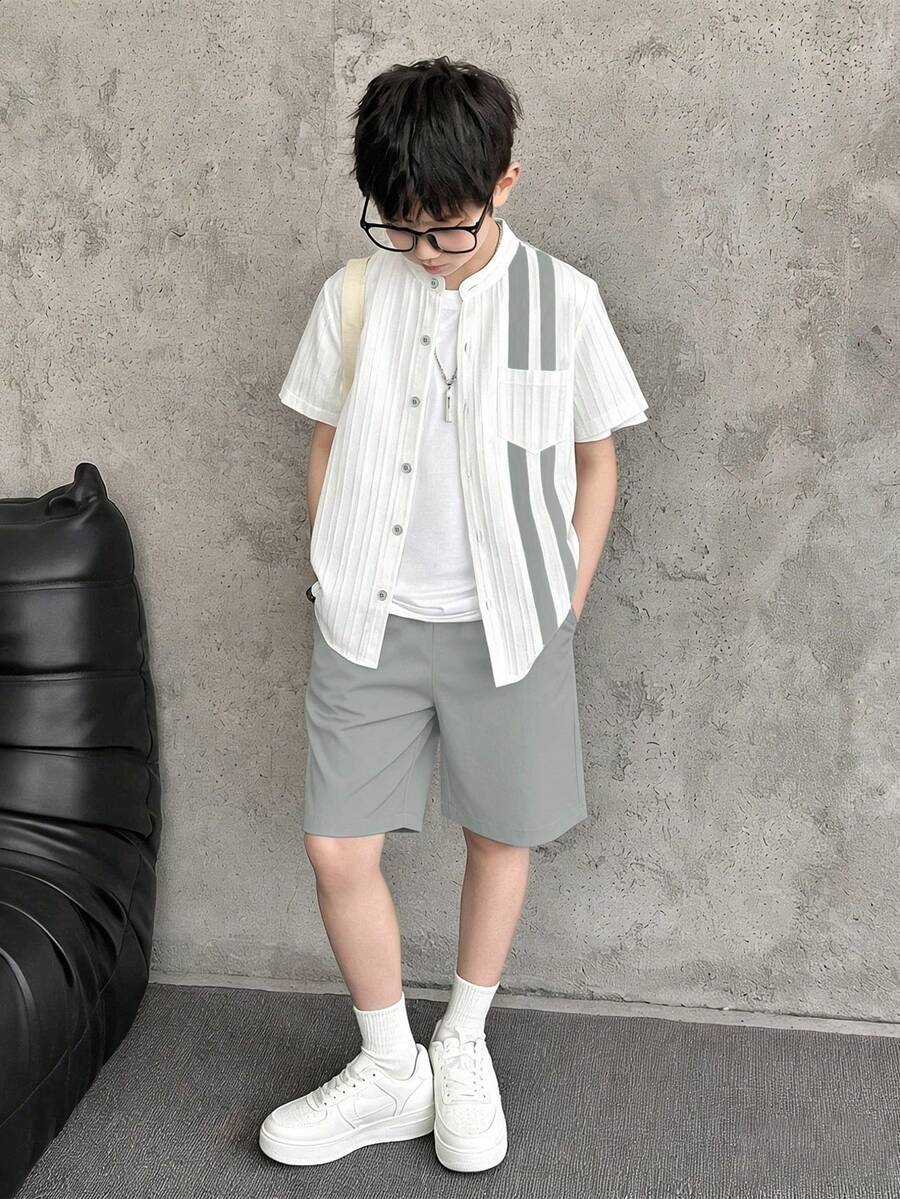 SHEIN Vacaura 3pcs/Set Tween BoysWhite Shirt With Contrast Floral Pattern, White Loose Pants With Contrast Pattern, And Ribbon Decor - Light Grey - View 1