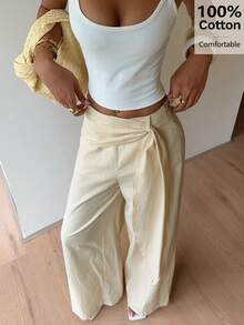 Siren Gaze 新款女士100%纯棉梭织侧拉链喇叭裤，夏季休闲优雅宽松版型长裤 - 杏色 - 查看 5