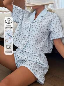 DAZY Women's Ditsy Floral Button-Up Short Sleeve Top And Shorts Pajama Set - White - View 11