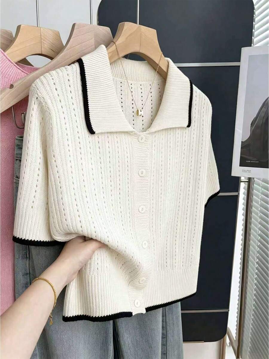 SHEIN Franclia Casual Loose Polo Collar Short Sleeve Hollow Knit Contrast Trim Design Cardigan For Women, Spring/Summer - Beige - View 1