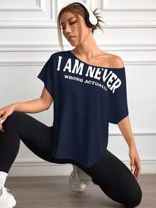 SHEIN Sports 女士极简印花斜肩短袖上衣 - 藏蓝色 - 查看 4