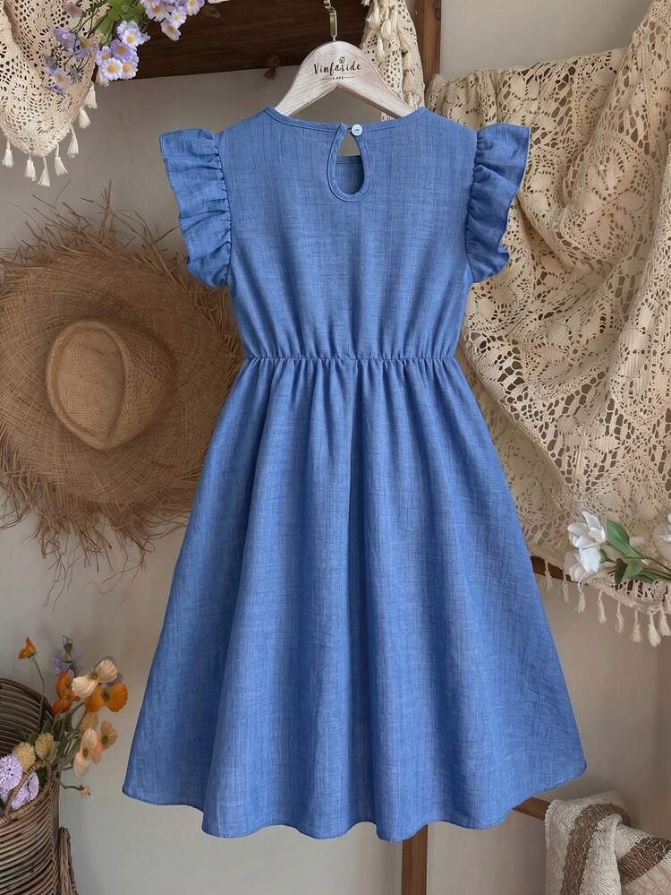 SHEIN 1 chiếc đầm màu xanh dương ôm dáng, cổ tròn, tay phồng, họa tiết hoa, làm từ sợi tre, dành cho bé gái tuổi teen, kiểu dáng thanh lịch, phù hợp mặc hàng ngày, đi làm hoặc dự tiệc. - Màu xanh lam - Xem 2