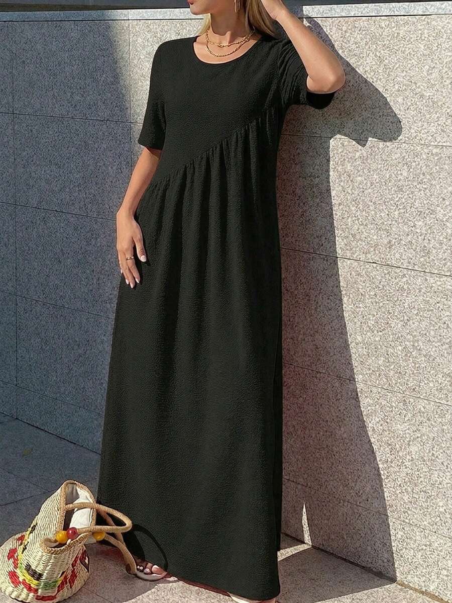 Solavon 女士纯色圆领褶皱休闲/派对短袖连衣裙 - 黑色 - 查看 1