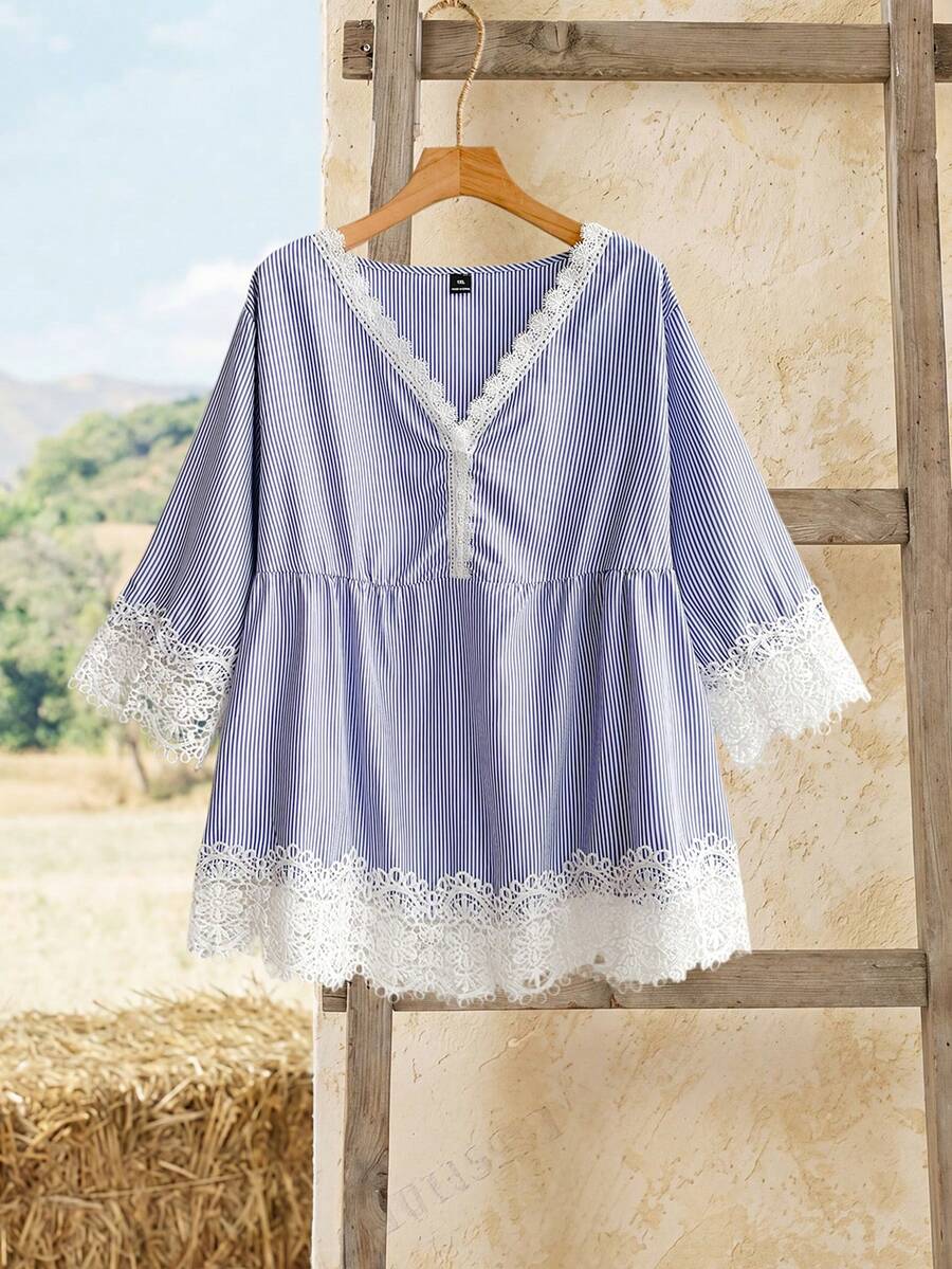 Rusticease Plus Size V-Neck Lace Trim Striped Fashion Summer Shirt - Blue - View 1