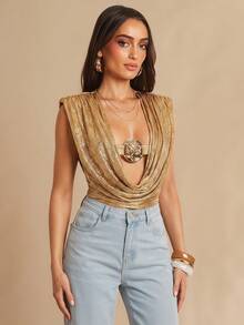 Silquee Body femme à col V profond avec imprimé feuille d'or, style plage d'été métallique des années 70, tenue élégante et stylée à larges épaules pour soirée et sortie - Doré - Voir 7