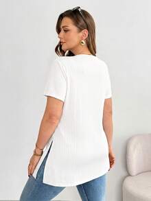 Shapeblank Women's Plus-Size White Summer Casual Everyday V-Neck Short-Sleeved T-Shirt,High-Elasticity Comfortable High-Slit Basic Versatile Curve Tops - White - View 2