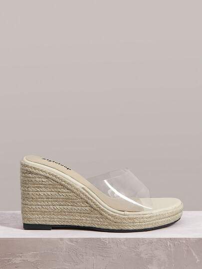 Styleloop Casual Thick-Soled Hemp Rope Wedge Heel Transparent Film Women's Wedge Heel Sandals Bohemian Vacation Style Western Style Music Festival Spring And Summer Fashion Women's One-Piece Sandals Slippers Women's Shoes
