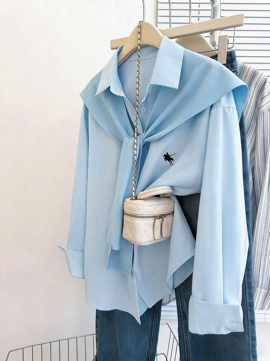 Resyla Kemeja Lengan Panjang Minimalis Warna Polos untuk Wanita, Pakaian Kasual Sehari-hari - Biru - View 1