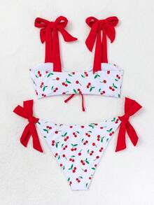 SHEIN Swim Mod Conjunto de bikini con estampado de cerezas atado, sexy para mujer, de verano - Multicolor - Ver 7