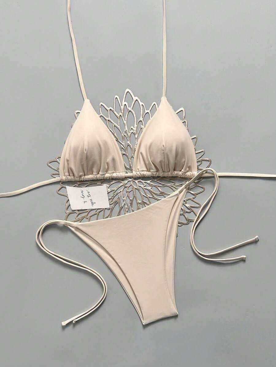 SHEIN Swim Mod Bộ bikini gợi cảm buộc dây cổ màu trơn dành cho nữ, thích hợp mặc đi biển mùa hè. - Màu be - Xem 1