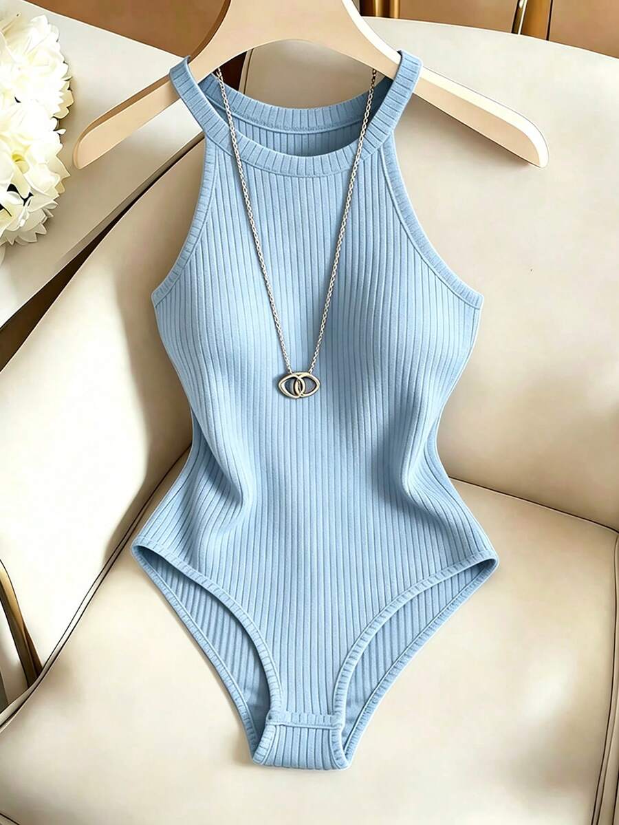 SHEIN Franclia 优雅挂脖连体衣、圆领连体衣、基础款连体衣、休闲连体衣、沙滩连体衣、度假连体衣、户外连体衣、无袖连体衣、夏季连体衣 - 淺藍色 - 查看 1