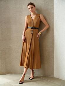 MOTF PREMIUM WOMEN'S LINEN-LIKE SOLID COLOR CONTRAST RIB KNIT SLEEVELESS CINCHED WAIST MIDI DRESS OFFICE SHADES OF BROWN SUMMER ELEGANT - Brown - View 2