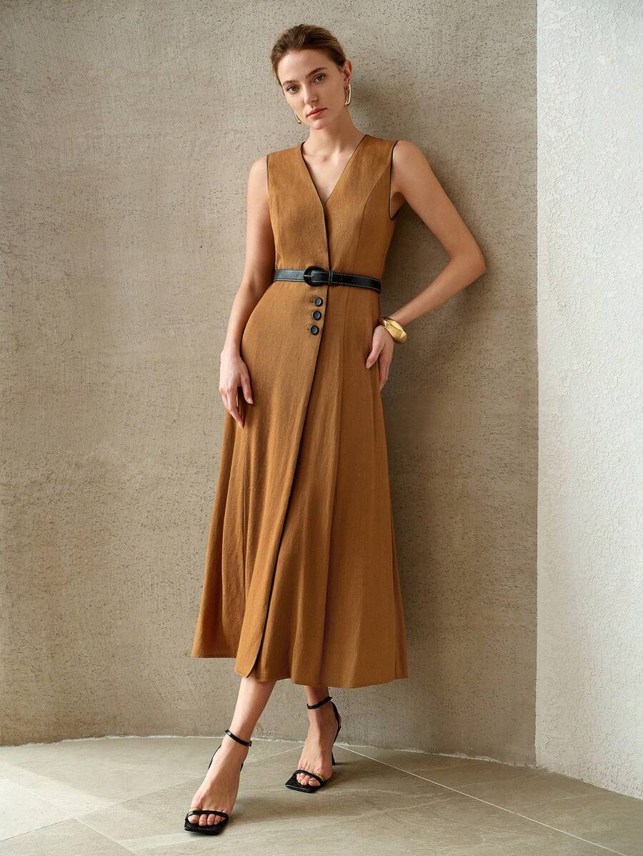 MOTF PREMIUM WOMEN'S LINEN-LIKE SOLID COLOR CONTRAST RIB KNIT SLEEVELESS CINCHED WAIST MIDI DRESS OFFICE SHADES OF BROWN SUMMER ELEGANT