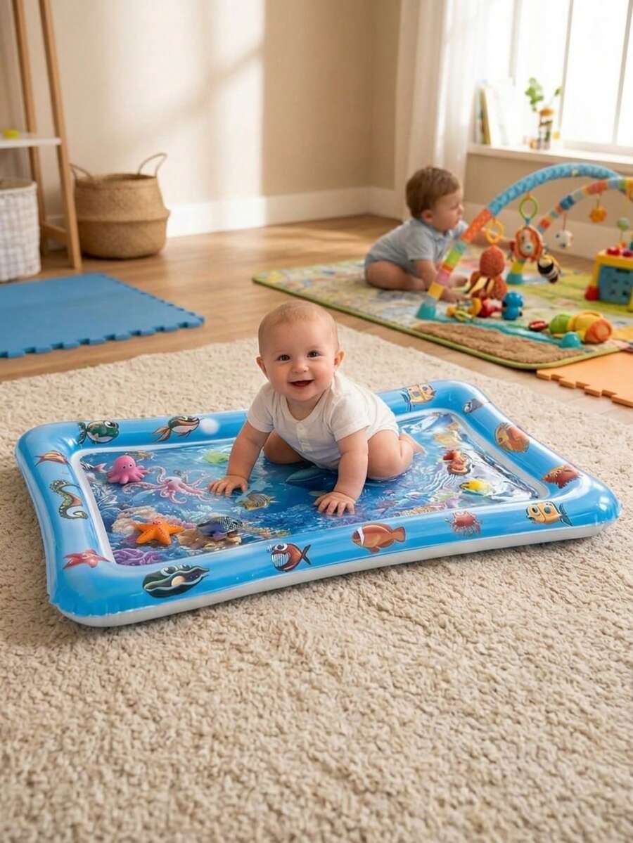 MINKOJA MINKOJA Alfombra de agua inflable con diseño de peces de océano para niños, juguete de alfombra de agua con patrón de peces, cojín de asiento y alfombra de salpicadura para bebés, entrenamiento de gateo y desarrollo sensorial táctil, fortalece los músculos, promueve el desarrollo, juguete de viaje, artículo esencial para bebés, juguete para niños pequeños, juguete de agua - Multicolor - Ver 1