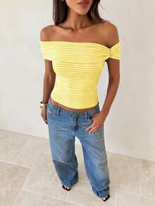 Aloruh Women's Solid Color Off-Shoulder Knit T-Shirt Top,Summer Top - Light Yellow - View 9