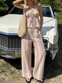 SHEIN EZwear 女士条纹梭织休闲套装 - 彩色 - 查看 4