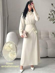 Mulvari Elegant Women's Off-White Woven Fabric Long Sleeve Blouse And Long Skirt Two-Piece Outfit With 3D Rose Flower Embellishments Teachers' Day Office - Apricot - View 2