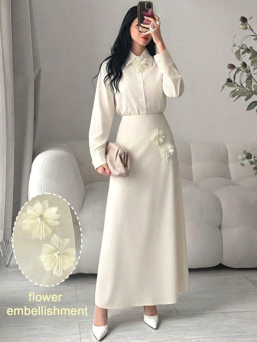 Mulvari Elegant Women's Off-White Woven Fabric Long Sleeve Blouse And Long Skirt Two-Piece Outfit With 3D Rose Flower Embellishments Teachers' Day Office