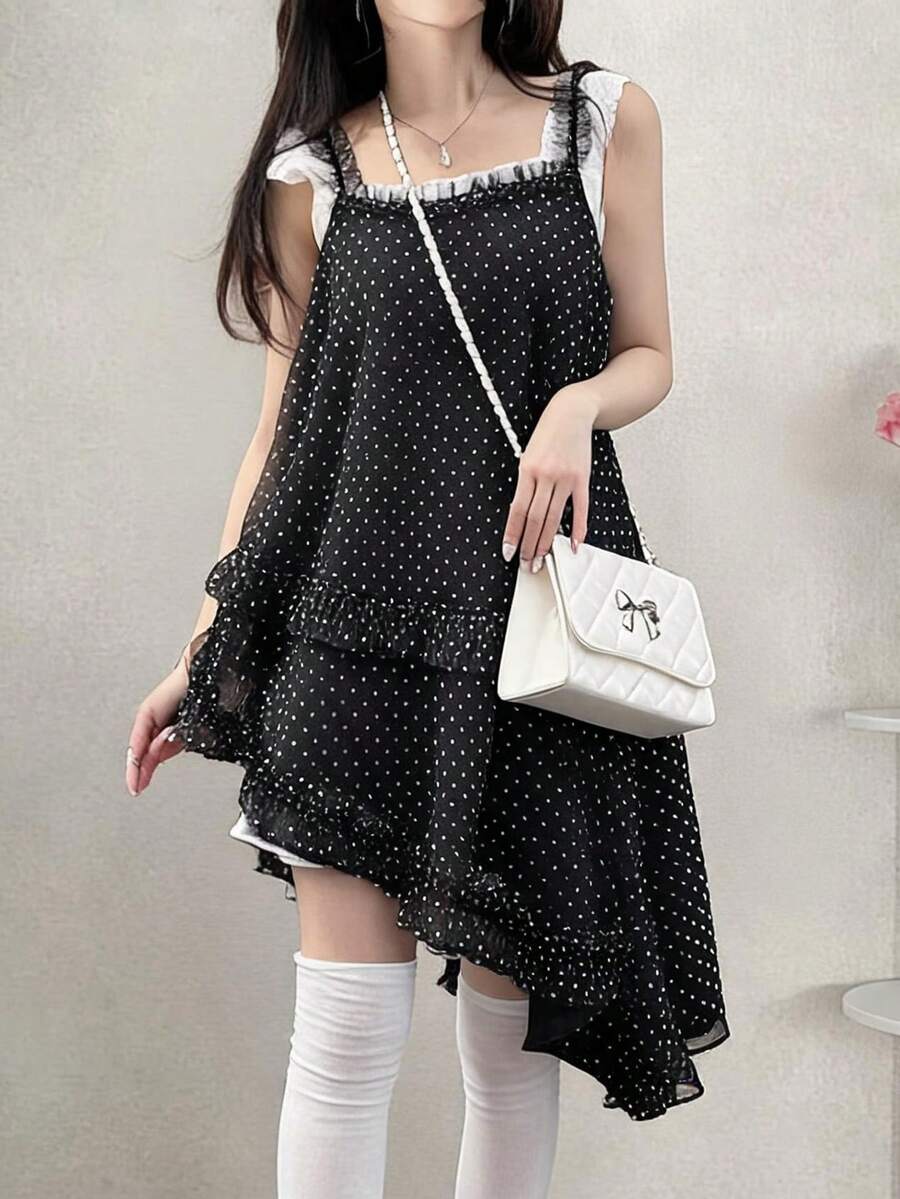 FRIFUL Women's Summer Casual Polka Dot Print Mesh Patchwork Asymmetric Hem Camisole - Black - View 1
