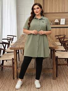 Lacomfia Plus Size Solid Color Long Loose Casual Embroidered Blouse Formal Office Bussines Sage Green Summer - Army Green - View 4