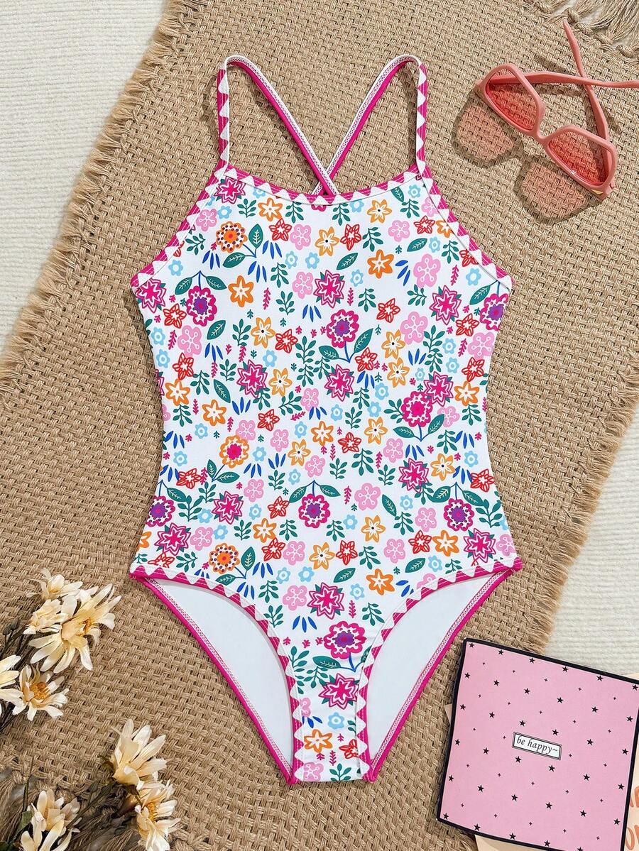 SHEIN Áo tắm liền thân dây mảnh, chéo, họa tiết hoa nhí dễ thương dành cho bé gái tuổi teen.