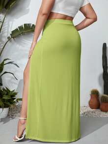 Travachic Plus M-Slit Thigh Solid High Waist Skirt - Limelight Green - View 2