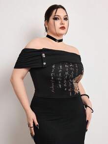 ROMWE J-Fashion Plus Size Women Tiger Print Ruched Off Shoulder Fashionable Blouse - Black - View 4
