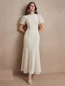 Robe longue élégante pour femmes Anewsta printemps/été, col rond, manches en pétales, mélange de tissus tissés, appliques en dentelle, ourlet en queue de poisson - Nude - Voir 5