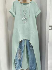 EMERY ROSE Women's Plus-Size Sage Green Shirt,Casual Hiking Sommar Retro Round-Neck Solid-Color Rolled Cuffs Relaxed-Fit Versatile Spring/Summer Fashion Top - Mint Blue - View 1