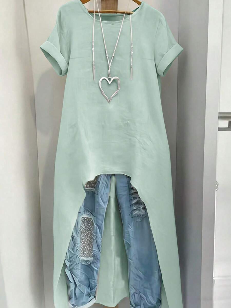 EMERY ROSE Women's Plus-Size Sage Green Shirt,Casual Hiking Sommar Retro Round-Neck Solid-Color Rolled Cuffs Relaxed-Fit Versatile Spring/Summer Fashion Top - Mint Blue - View 1