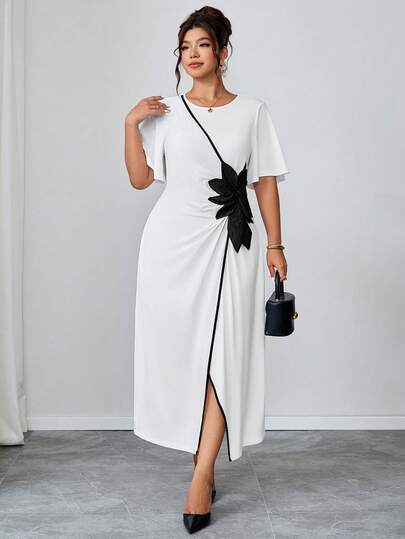 Reflora Plus Size Elegant 3D Floral Decor Wrap Dress, Summer