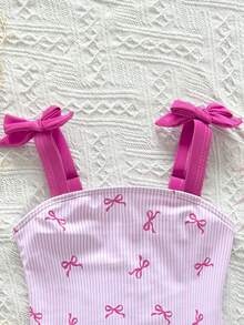 SHEIN Young Girl' Pink Striped Bow Print Contrast Color Bow Decor One-Piece Swimsuit, Spring/Summer - Pink - View 6