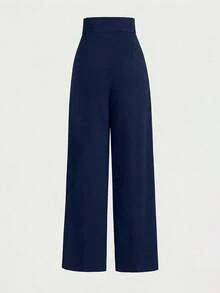 Franclia Pantalones de pierna ancha con cintura alta, decoración de botones y cintura elástica, pantalones casuales para mujer - azul real - Ver 2