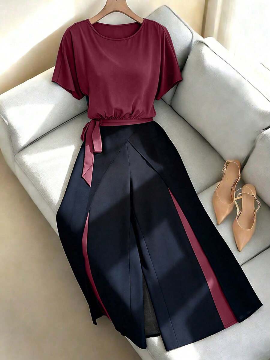Elenzga 2件組蝙蝠袖上衣與長褲套裝,時尚街頭風,大尺碼女裝,春/夏 - 酒紅色 - 查看 1