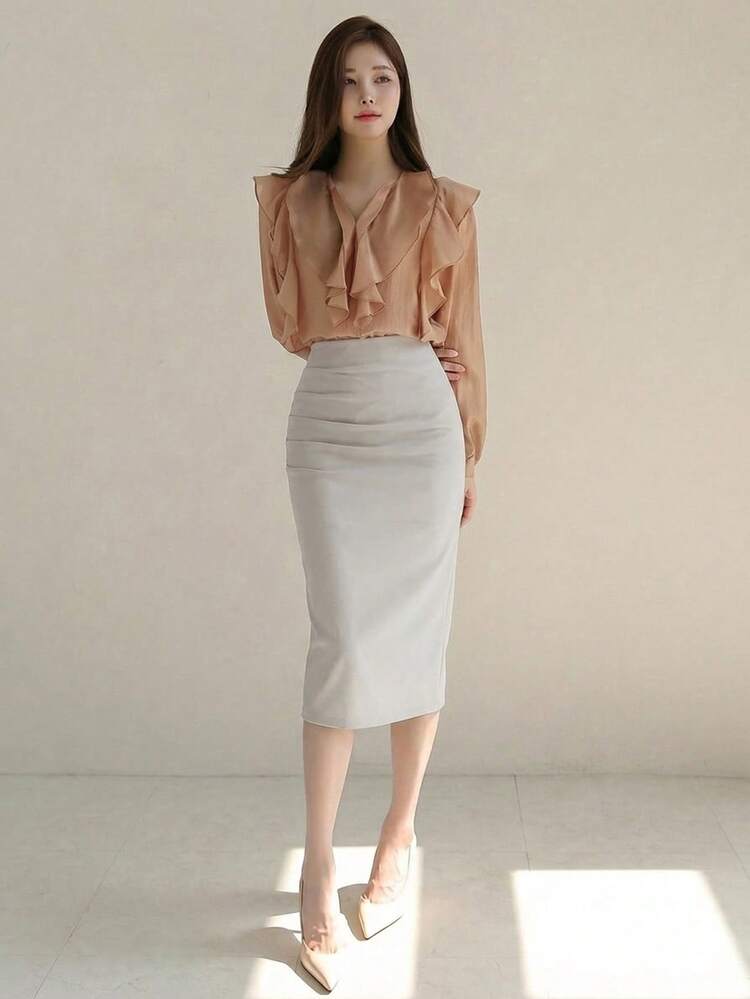 Women's Solid Color Bodycon Pencil Skirt, Elegant