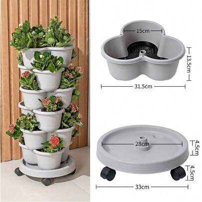 塑料立式多层可堆叠草莓种植塔，适用于家庭花园、香草、花卉和蔬菜，带可移动轮子。